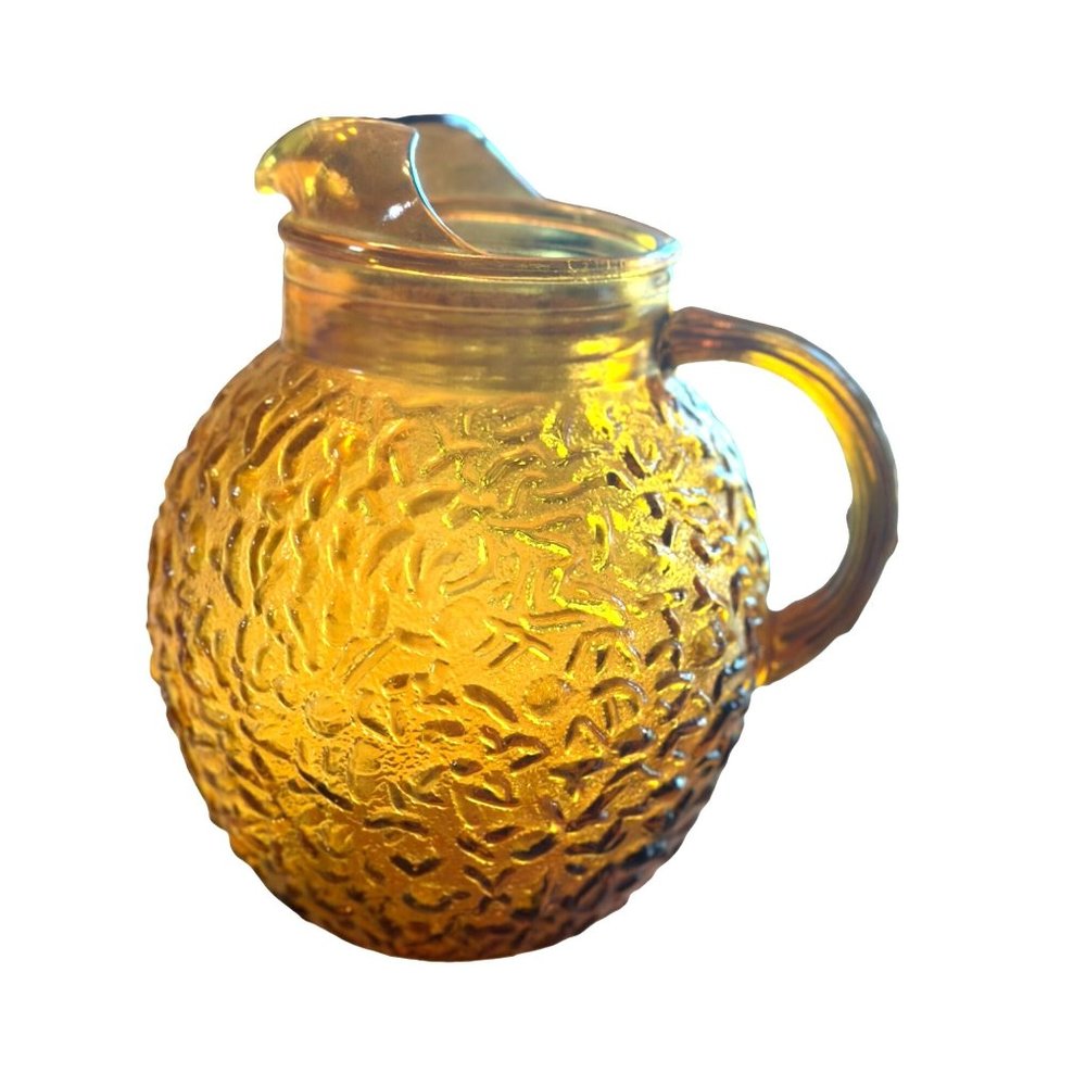 Vintage MCM Anchor Hocking Amber Milano Honey Gold Pitcher 9”. Crinkle Glass